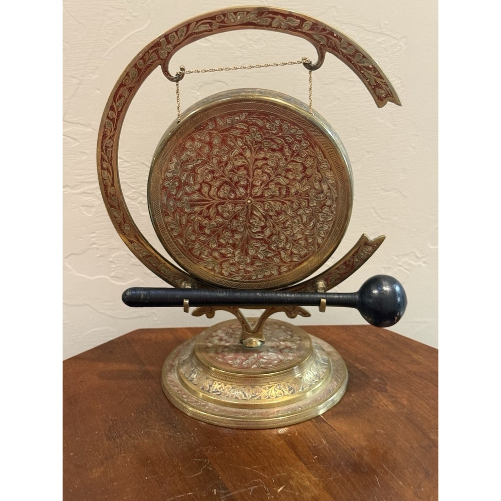 Vintage Indian Etched Brass Tabletop Dinner Gong with Mallet 8.5"